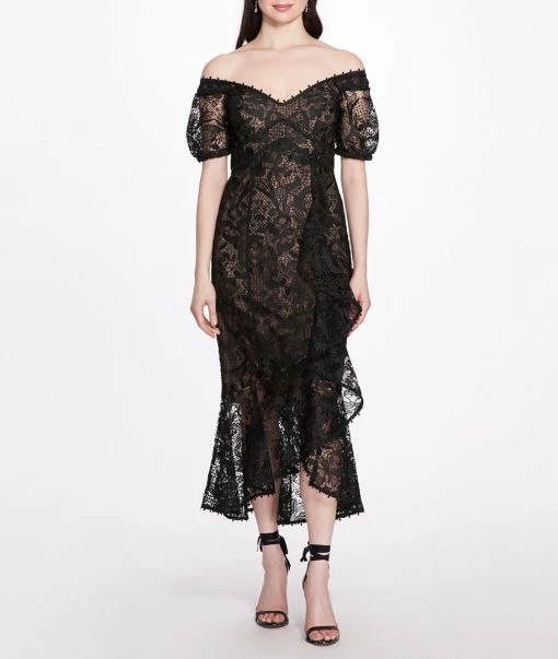 Marchesa Notte Off The Shoulder Guipure Gown