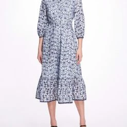 Marchesa Notte Floral Embroidered Midi-shirt Dress
