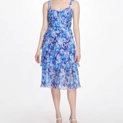 Marchesa Notte Floral Printed Chiffon Knife-Pleated Midi Dress