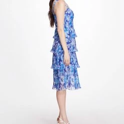 Marchesa Notte Floral Printed Chiffon Knife-Pleated Midi Dress