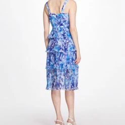 Marchesa Notte Floral Printed Chiffon Knife-Pleated Midi Dress