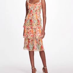 Marchesa Notte Printed Chiffon Knife-Pleated Mini Dress