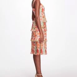 Marchesa Notte Printed Chiffon Knife-Pleated Mini Dress