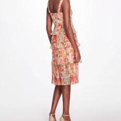 Marchesa Notte Printed Chiffon Knife-Pleated Mini Dress