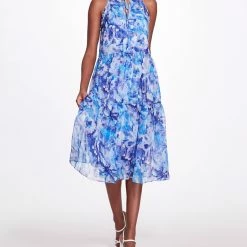 Marchesa Notte Midi Tiered Halter Tent Dress