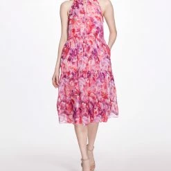 Marchesa Notte Midi Tiered Halter Tent Dress
