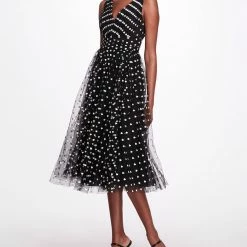 Marchesa Notte Printed Tulle V-neck A-line Cocktail