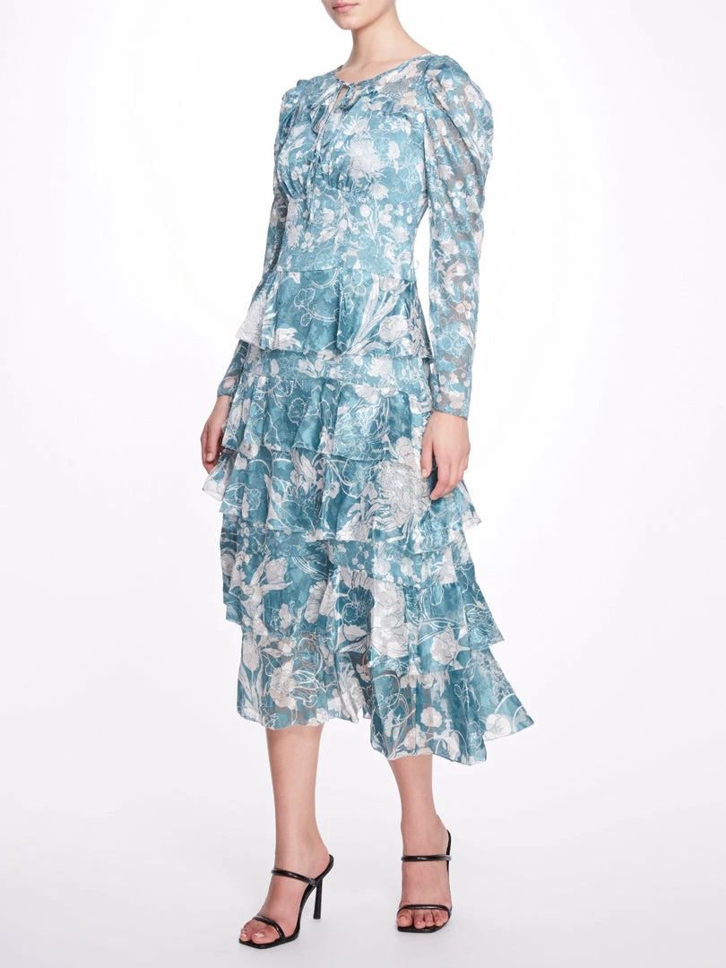 Marchesa Notte Long-Sleeved Tiered Ruffle Chiffon Maxi Dress