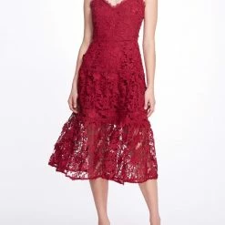 Marchesa Notte Sleeveless 3D Guipure Lace Midi Dress