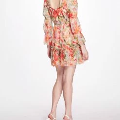 Marchesa Notte Abstract Floral Printed Chiffon Mini Dress