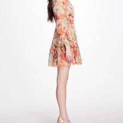 Marchesa Notte Abstract Floral Printed Chiffon Mini Dress