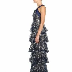 Marchesa Notte One Shoulder Embroidered Tiered Gown