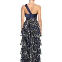 Marchesa Notte One Shoulder Embroidered Tiered Gown