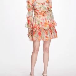 Marchesa Notte Abstract Floral Printed Chiffon Mini Dress