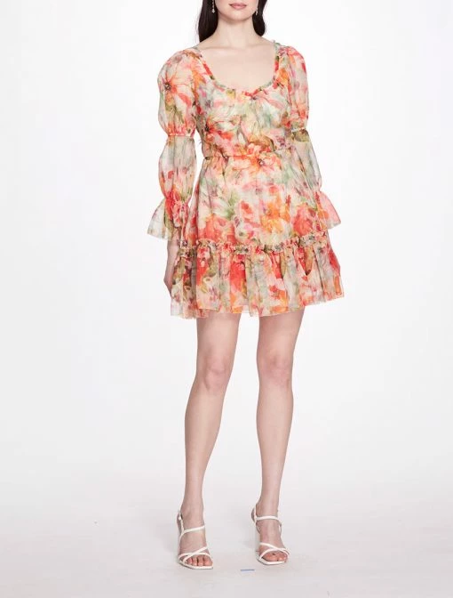 Marchesa Notte Abstract Floral Printed Chiffon Mini Dress