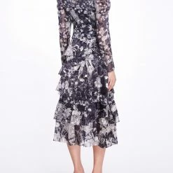 Marchesa Notte Long-Sleeved Tiered Ruffle Chiffon Maxi Dress